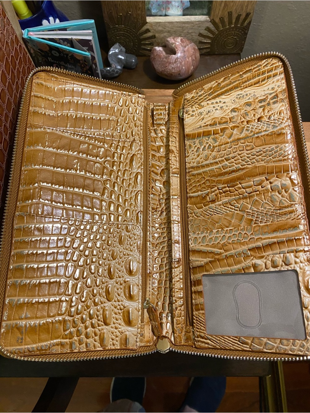 Brahmin Croc-Embossed Zip Clutch Wallet in Warm Honey Brown and Gold touches - Picture 3 of 6